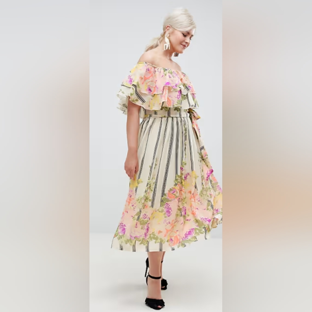Asos Curve Floral Off-Shoulder Dress, Size 14 With Stretch